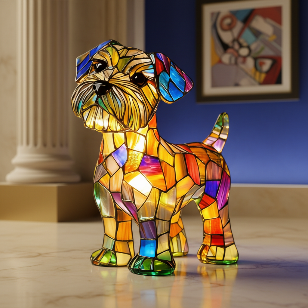 Colourful stained glass-style dog table lamp with LED light and USB cable