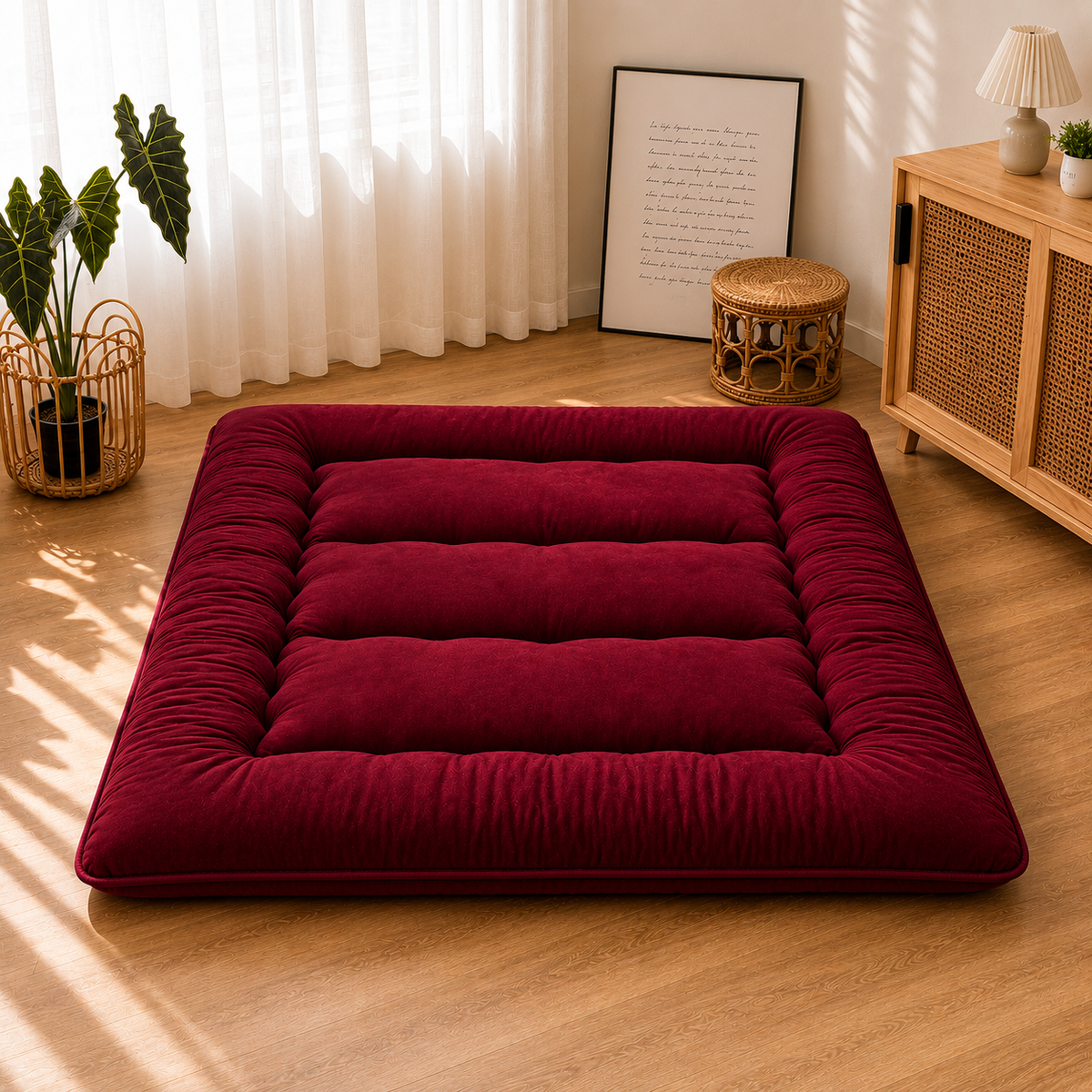 Foldable padded Japanese floor mattress with a raised border