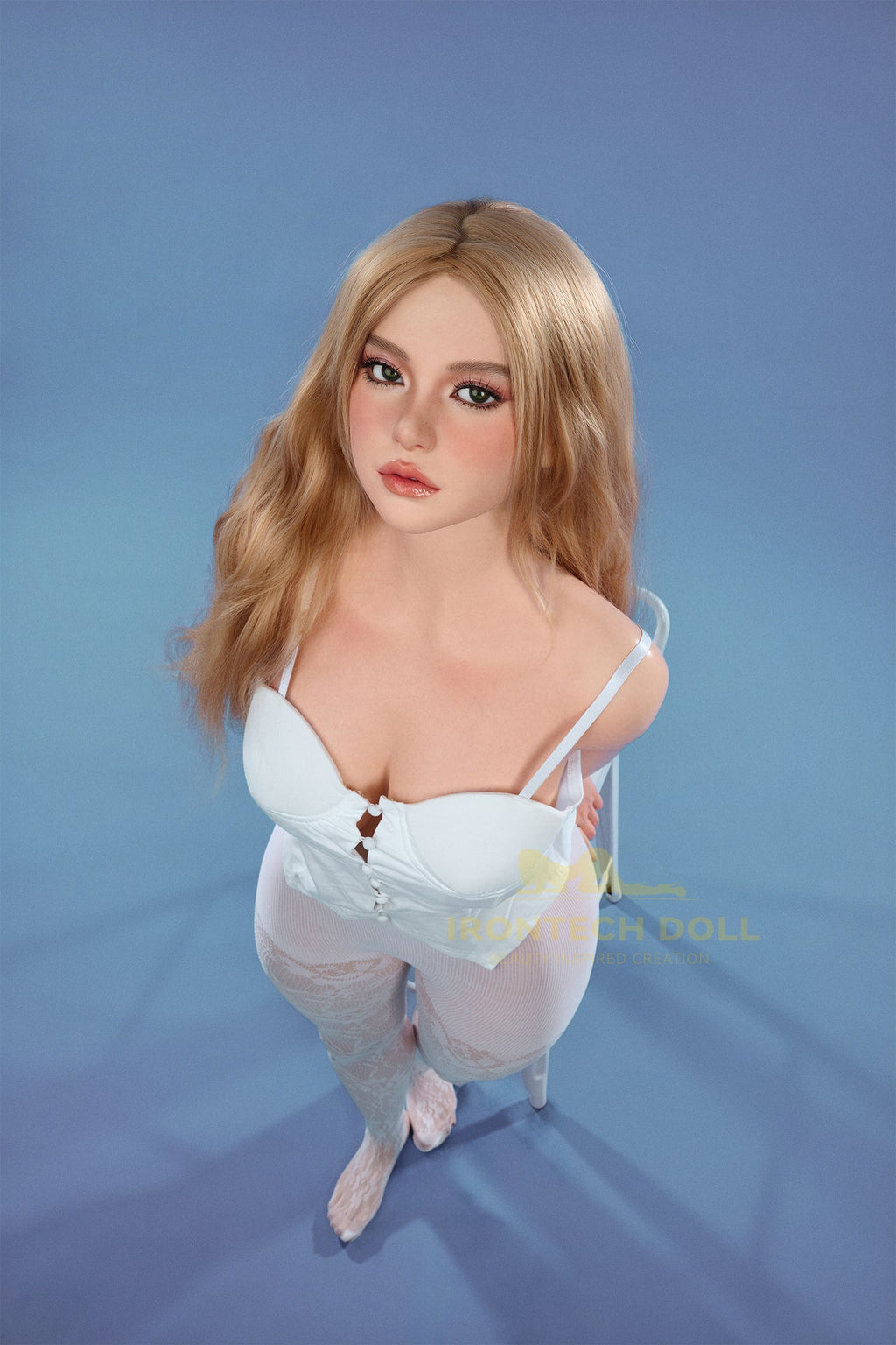 Life size silicone female sex doll with long blonde hair and detailed face