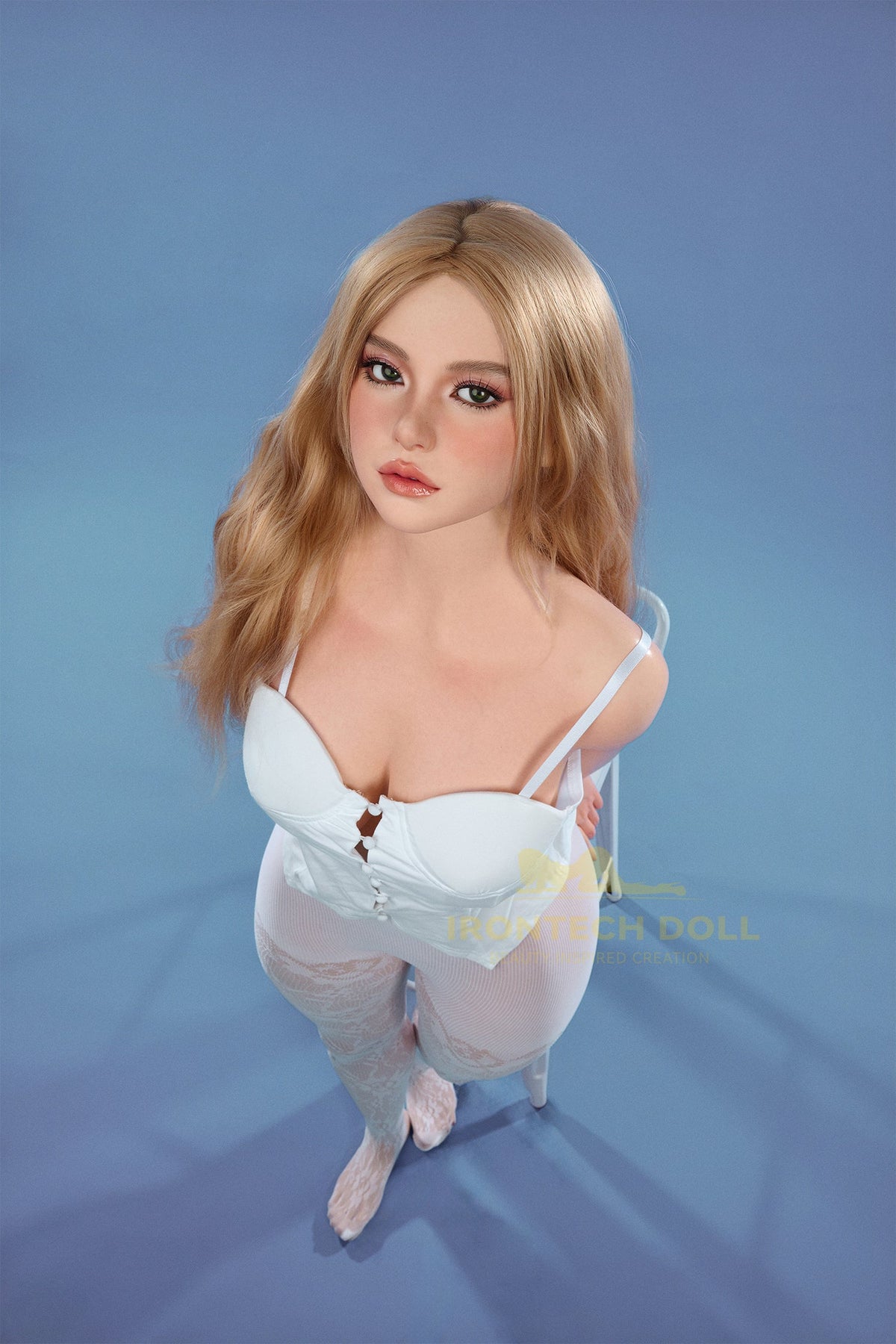 Life size silicone female sex doll with long blonde hair and detailed face