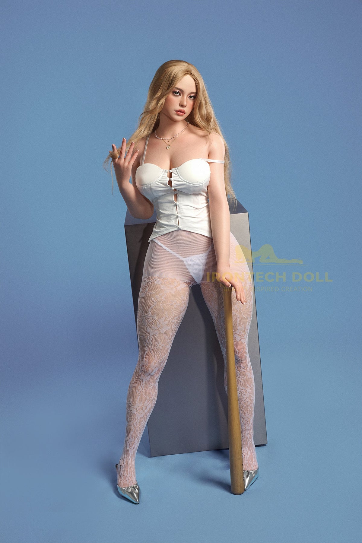 Life size silicone female sex doll with long blonde hair and detailed face