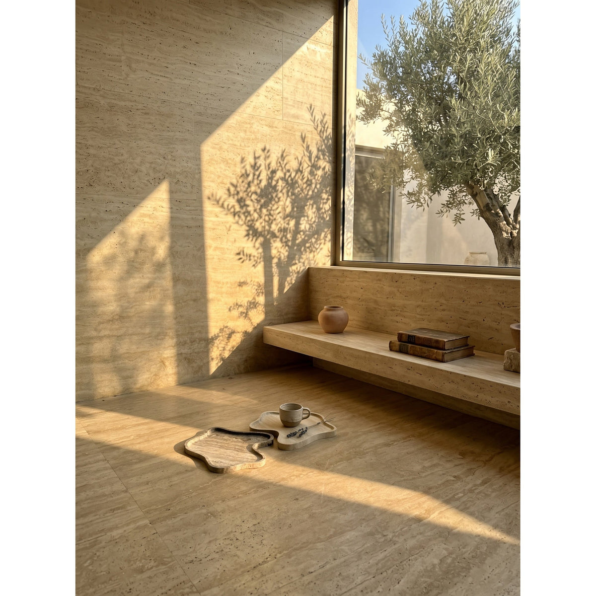 Beige organic-shaped stone decorative tray with raised edge