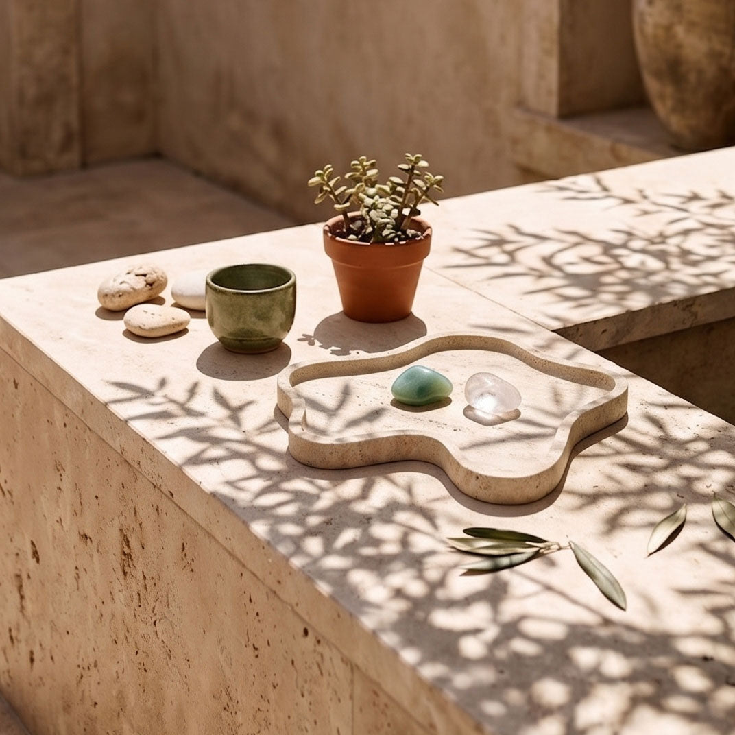 Beige organic-shaped stone decorative tray with raised edge