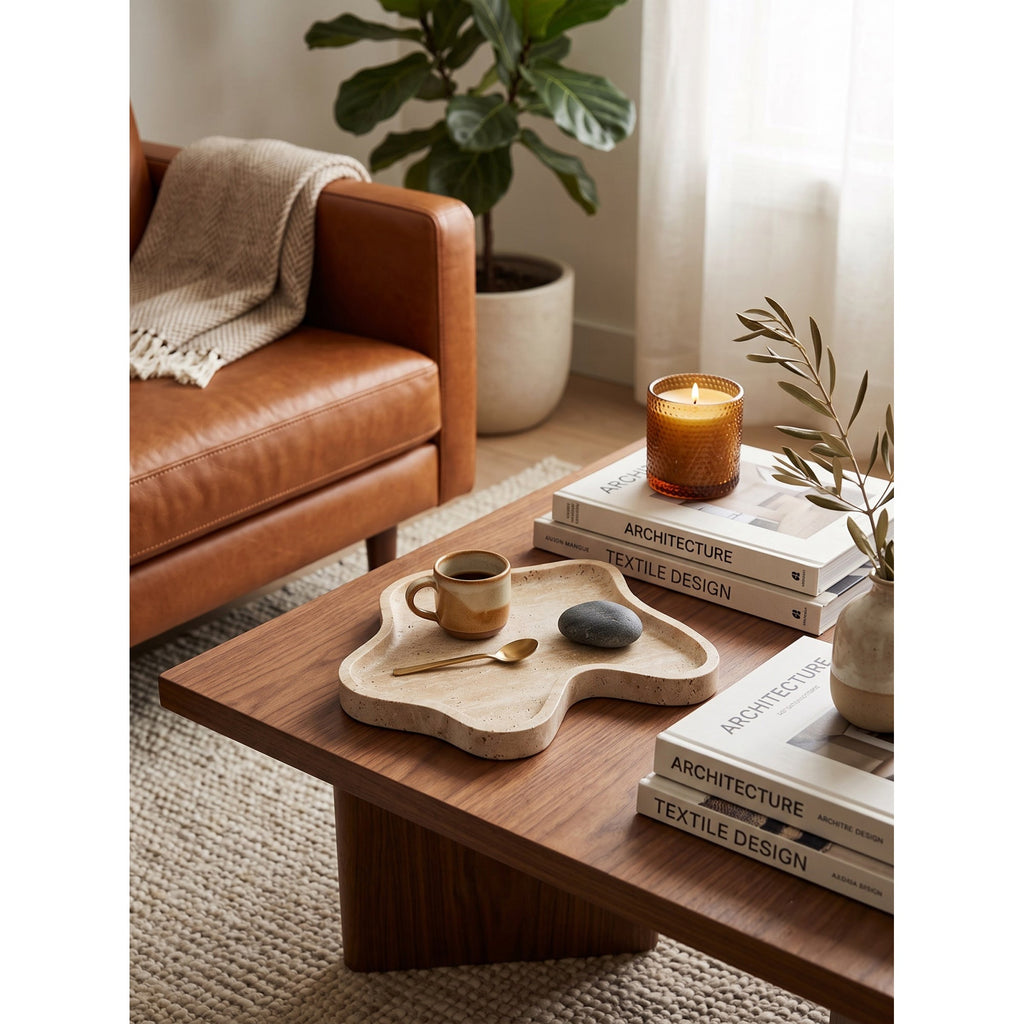 Beige organic-shaped stone decorative tray with raised edge