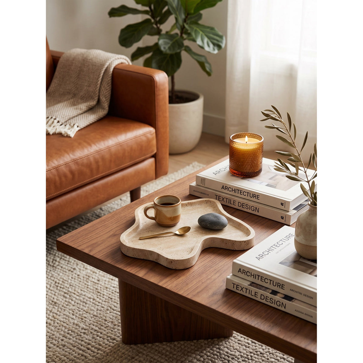 Beige organic-shaped stone decorative tray with raised edge