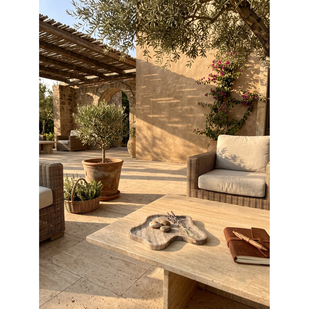 Beige organic-shaped stone decorative tray with raised edge