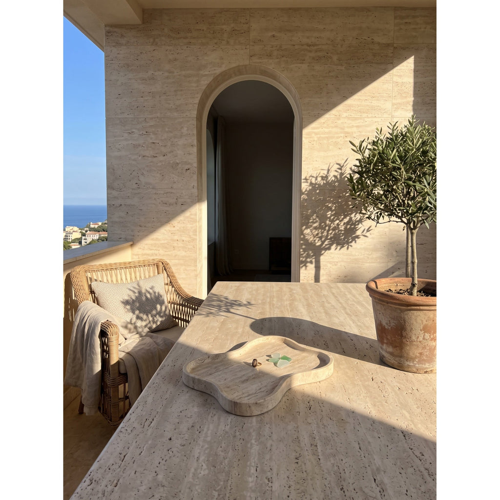 Beige organic-shaped stone decorative tray with raised edge