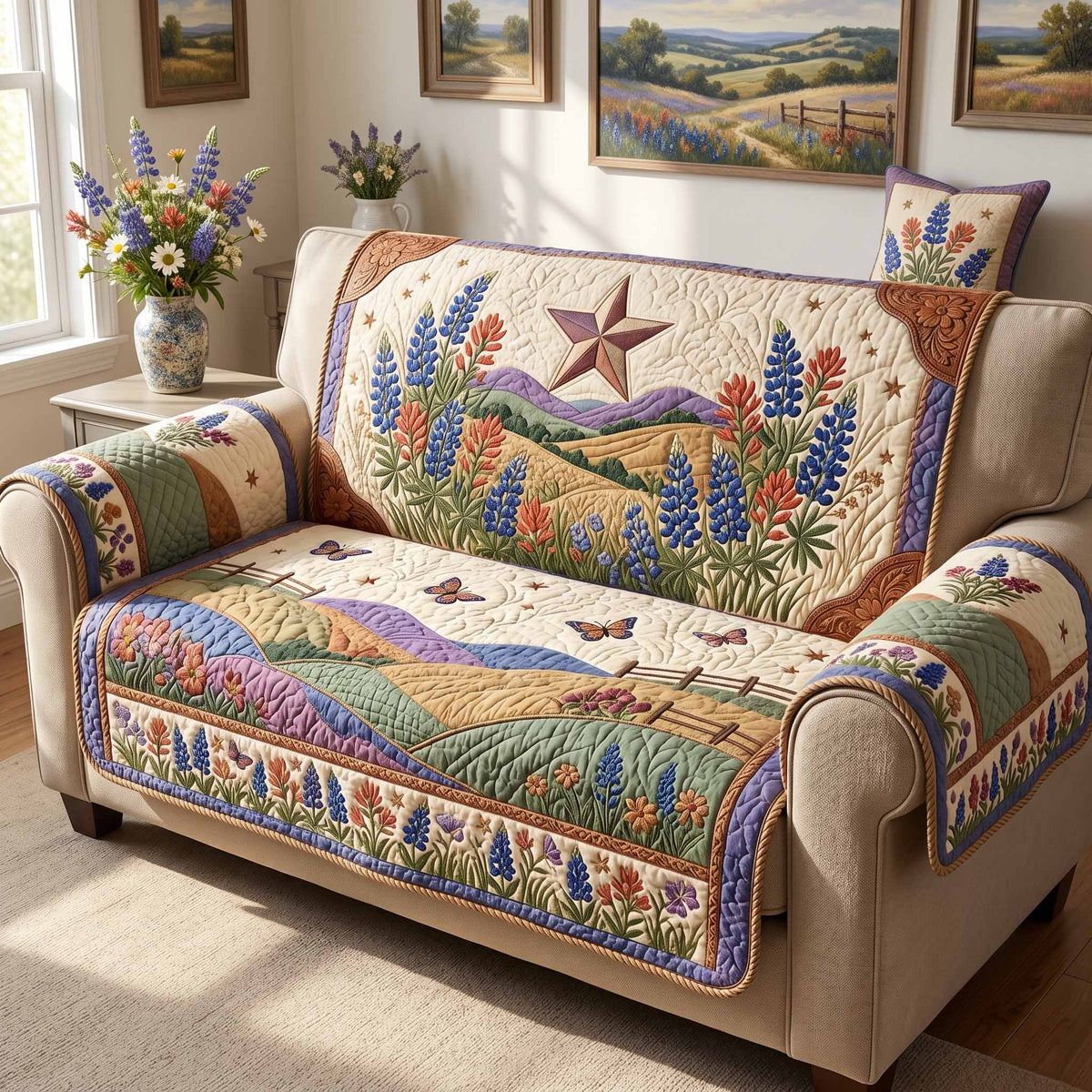 Quilted beige furniture cover with colourful floral, butterfly and country landscape pattern