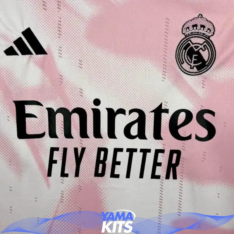 Pink Real Madrid football jersey with abstract pattern and black trim