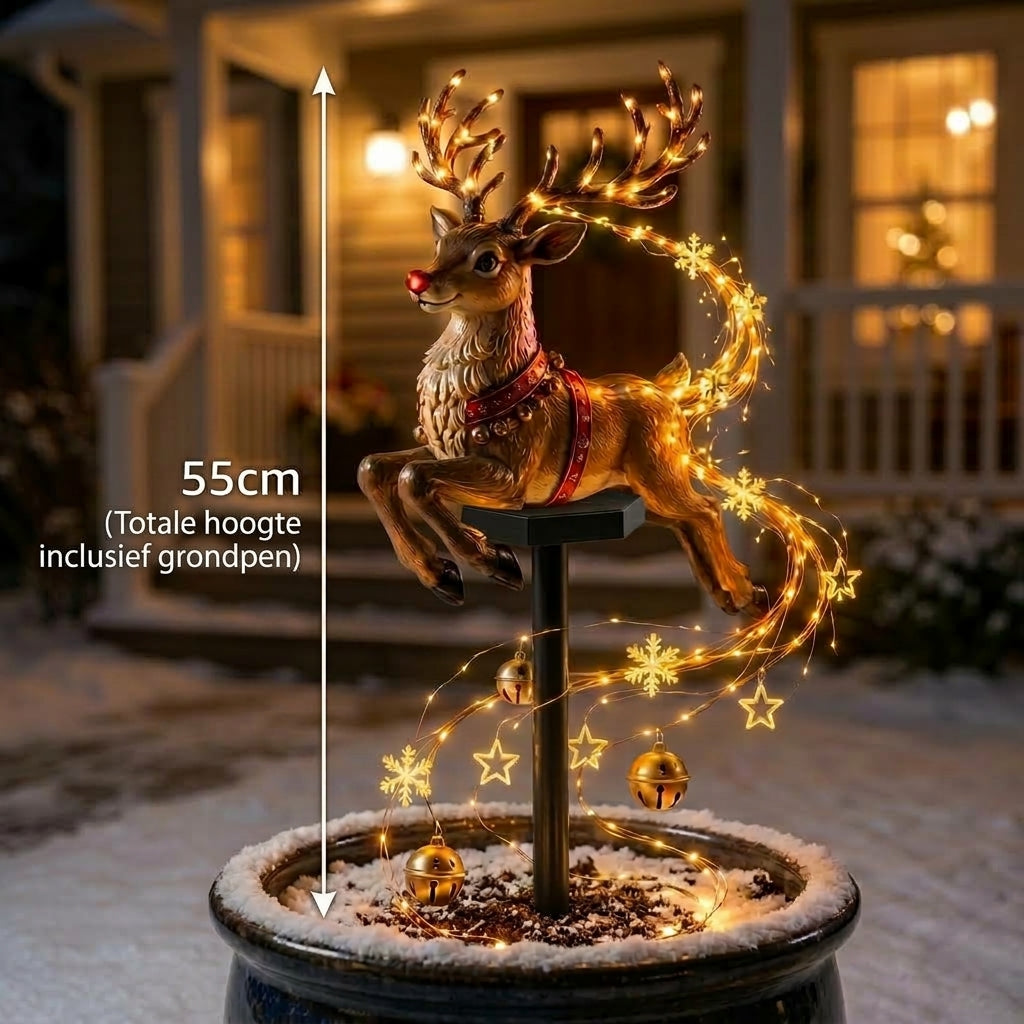 Christmas garden stake decoration with warm white lights and festive reindeer or angel design