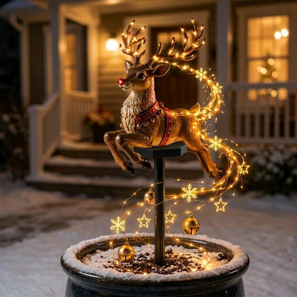 Christmas garden stake decoration with warm white lights and festive reindeer or angel design