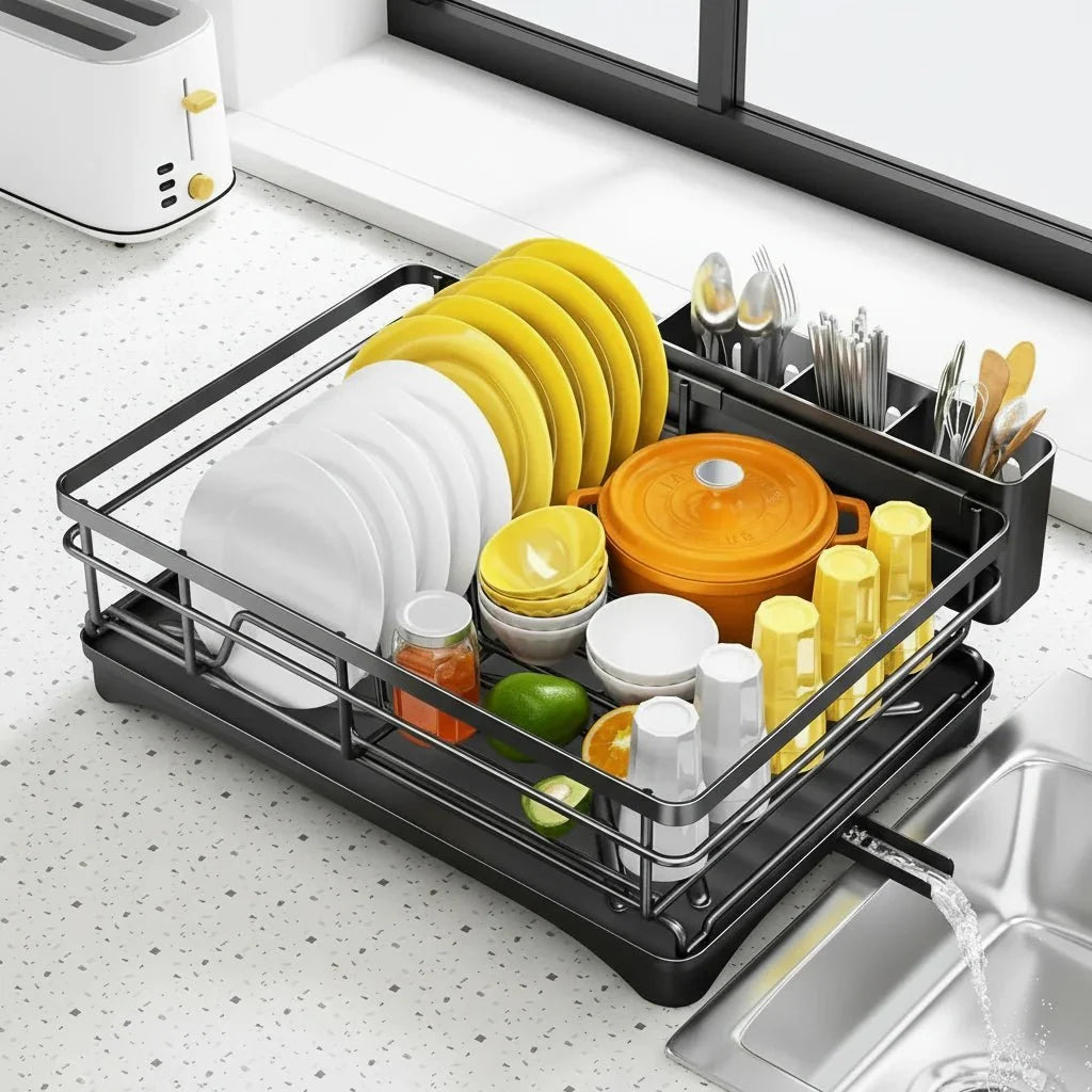 Black dish drying rack with drip tray beside a kitchen sink