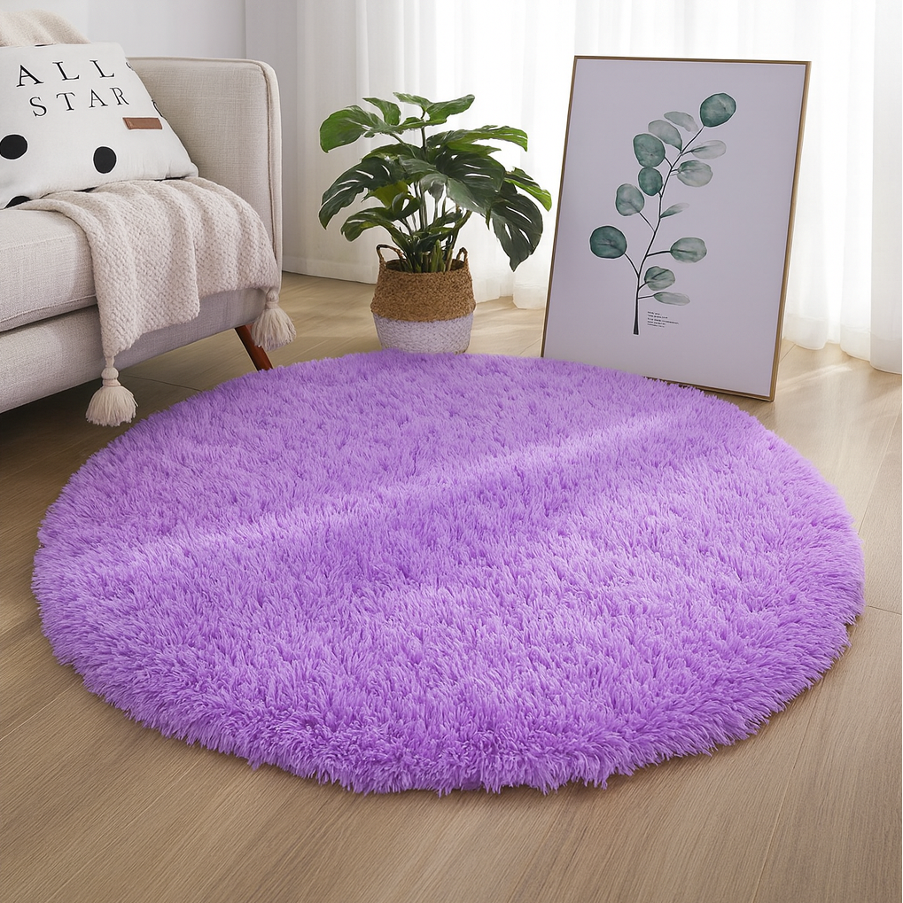 Round plush floor rug with a soft textured surface