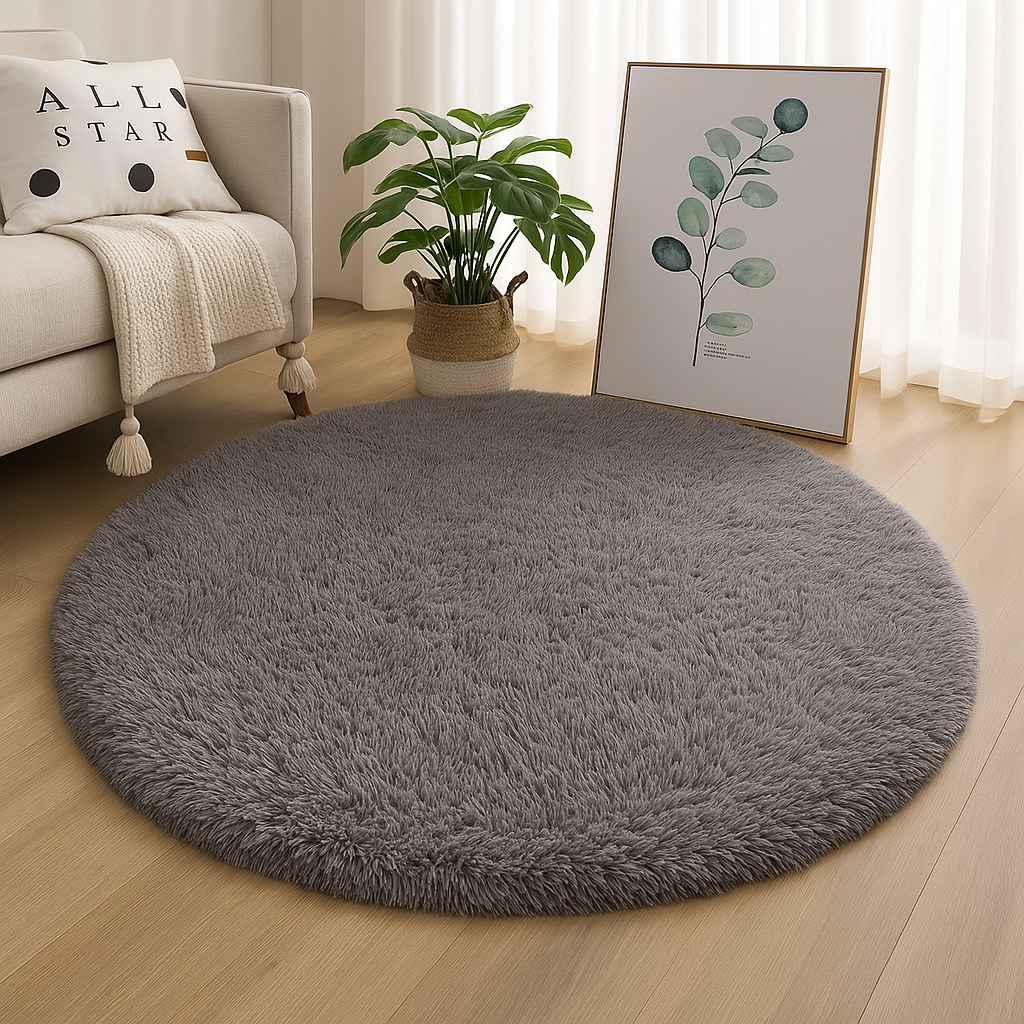 Round plush floor rug with a soft textured surface