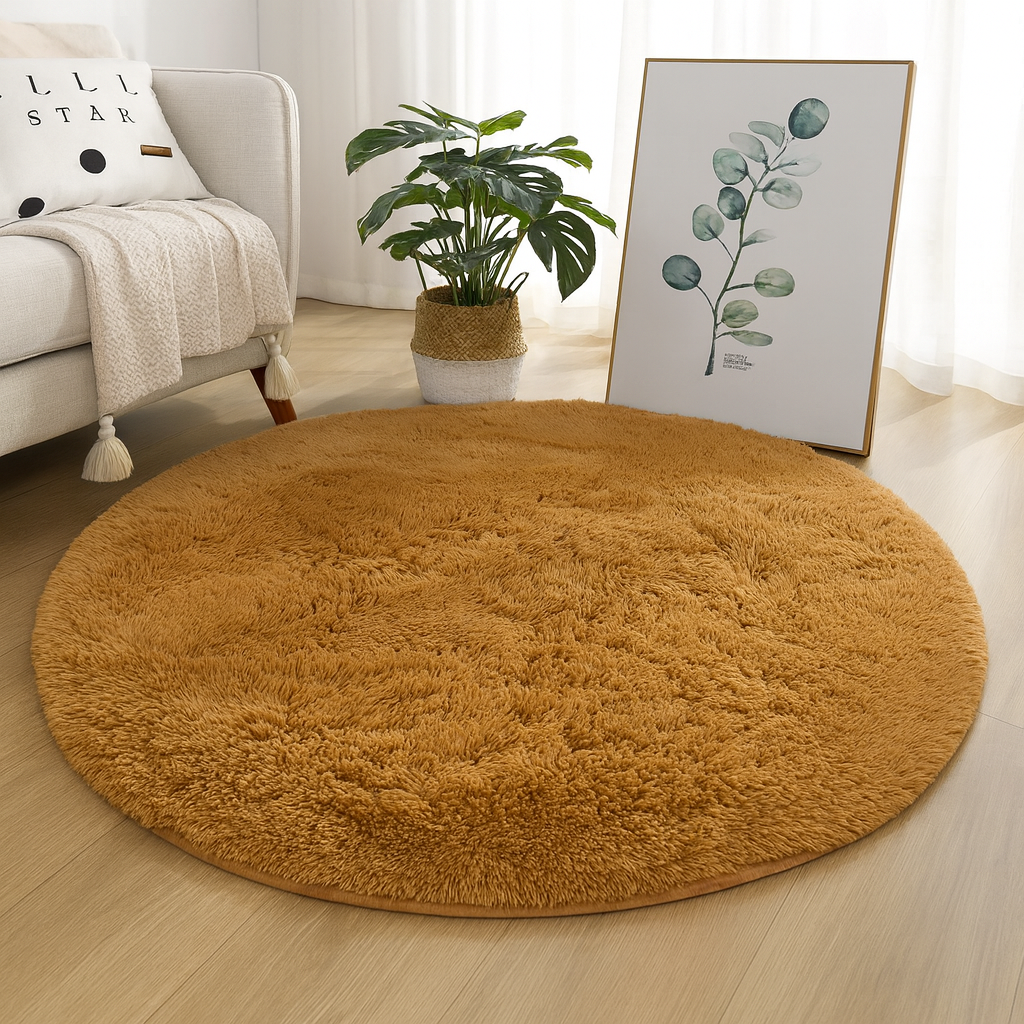 Round plush floor rug with a soft textured surface