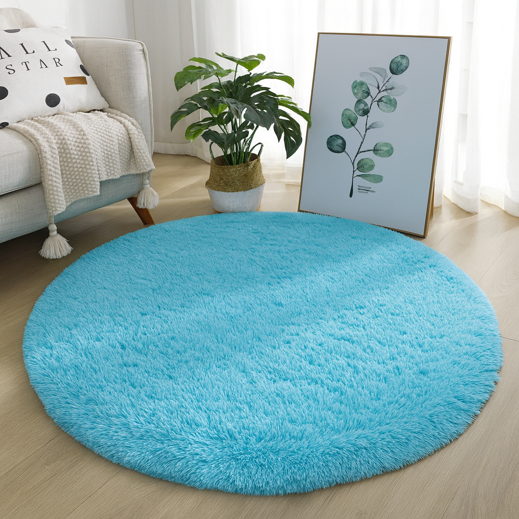 Round plush floor rug with a soft textured surface