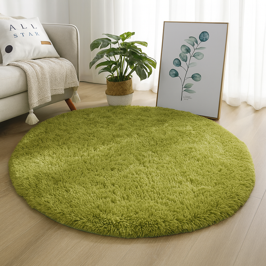 Round plush floor rug with a soft textured surface