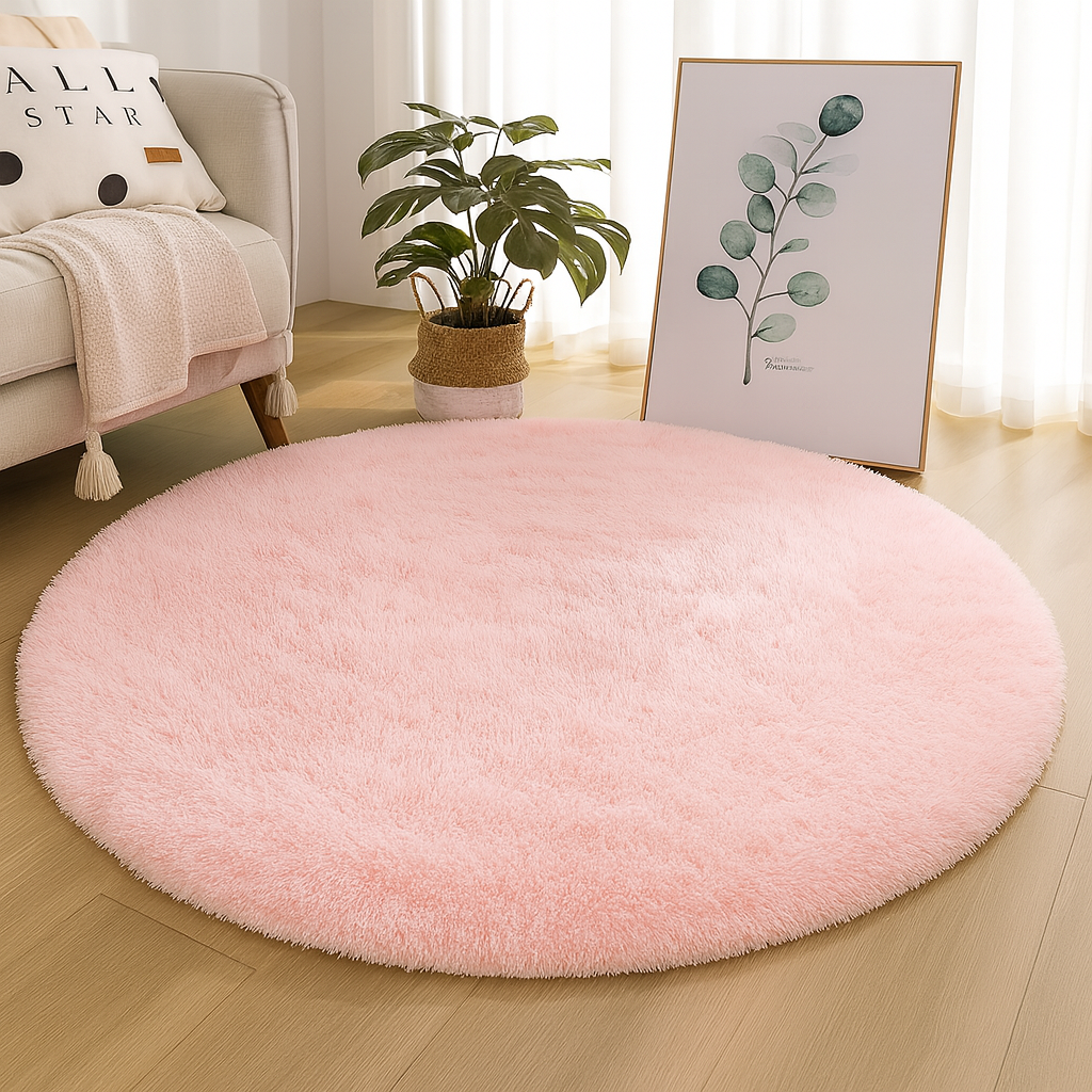 Round plush floor rug with a soft textured surface