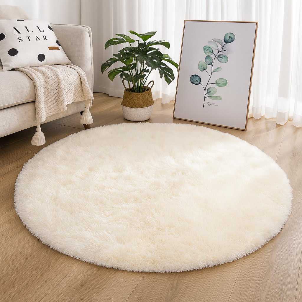 Round plush floor rug with a soft textured surface