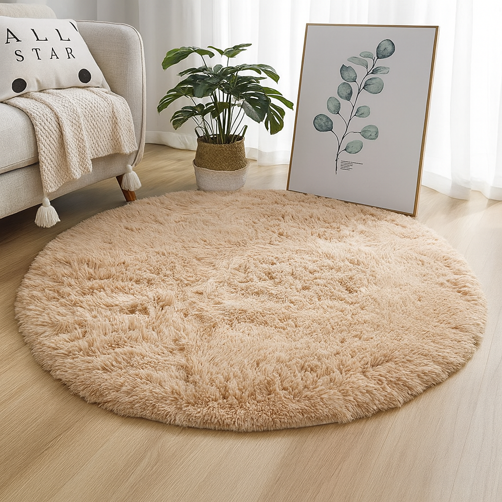 Round plush floor rug with a soft textured surface
