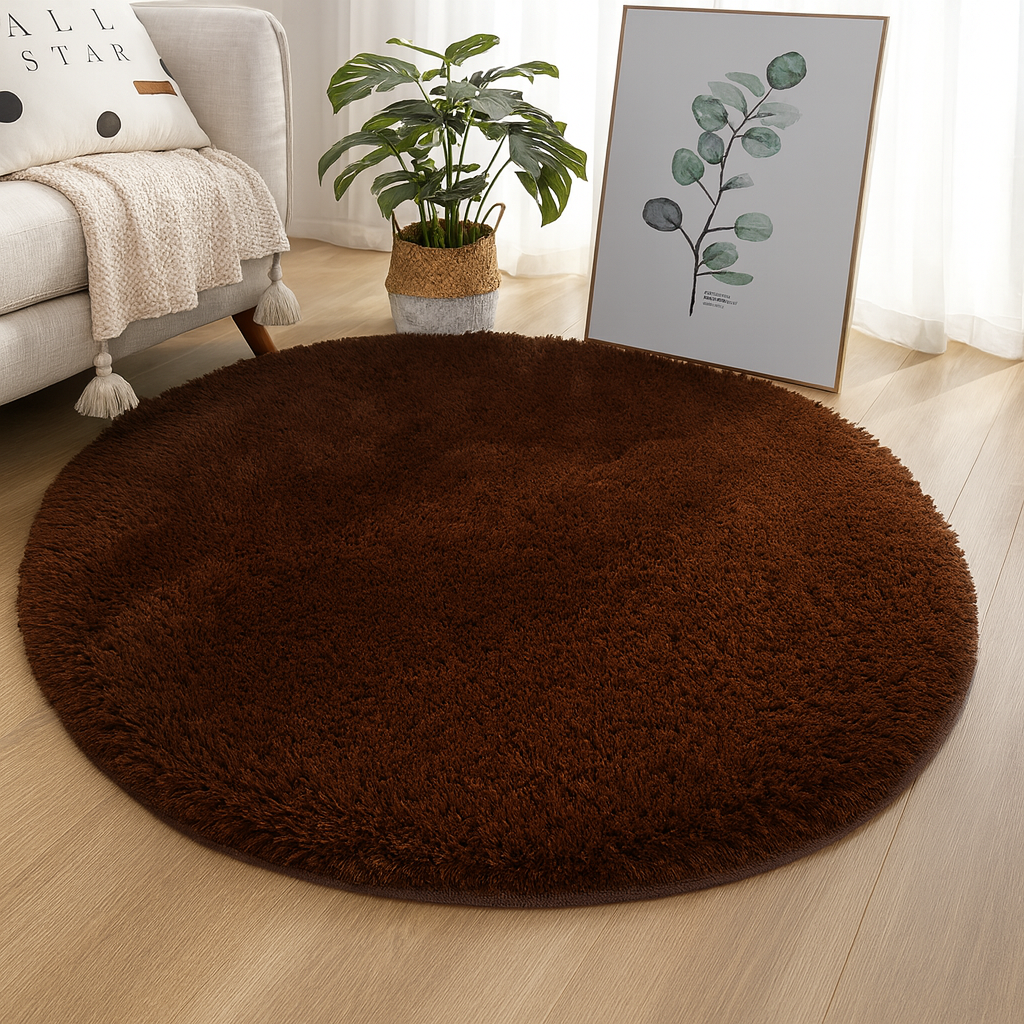 Round plush floor rug with a soft textured surface