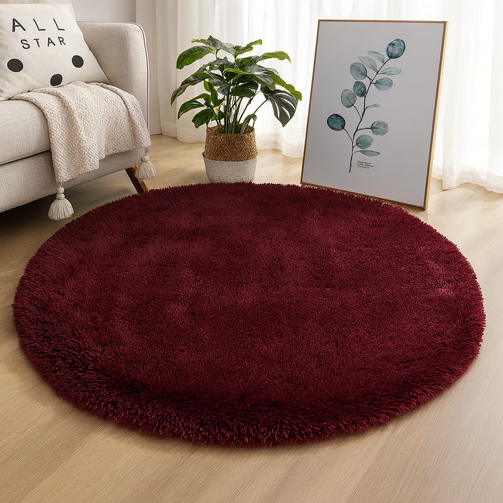 Round plush floor rug with a soft textured surface