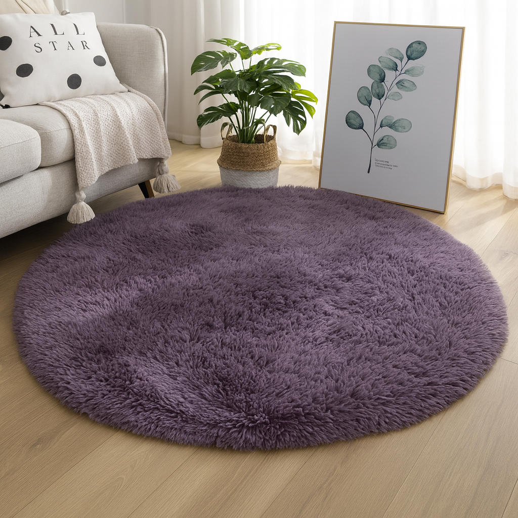 Round plush floor rug with a soft textured surface