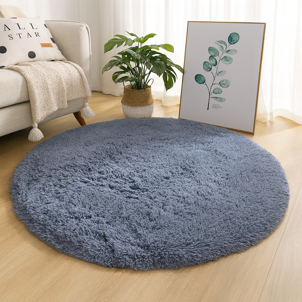 Round plush floor rug with a soft textured surface