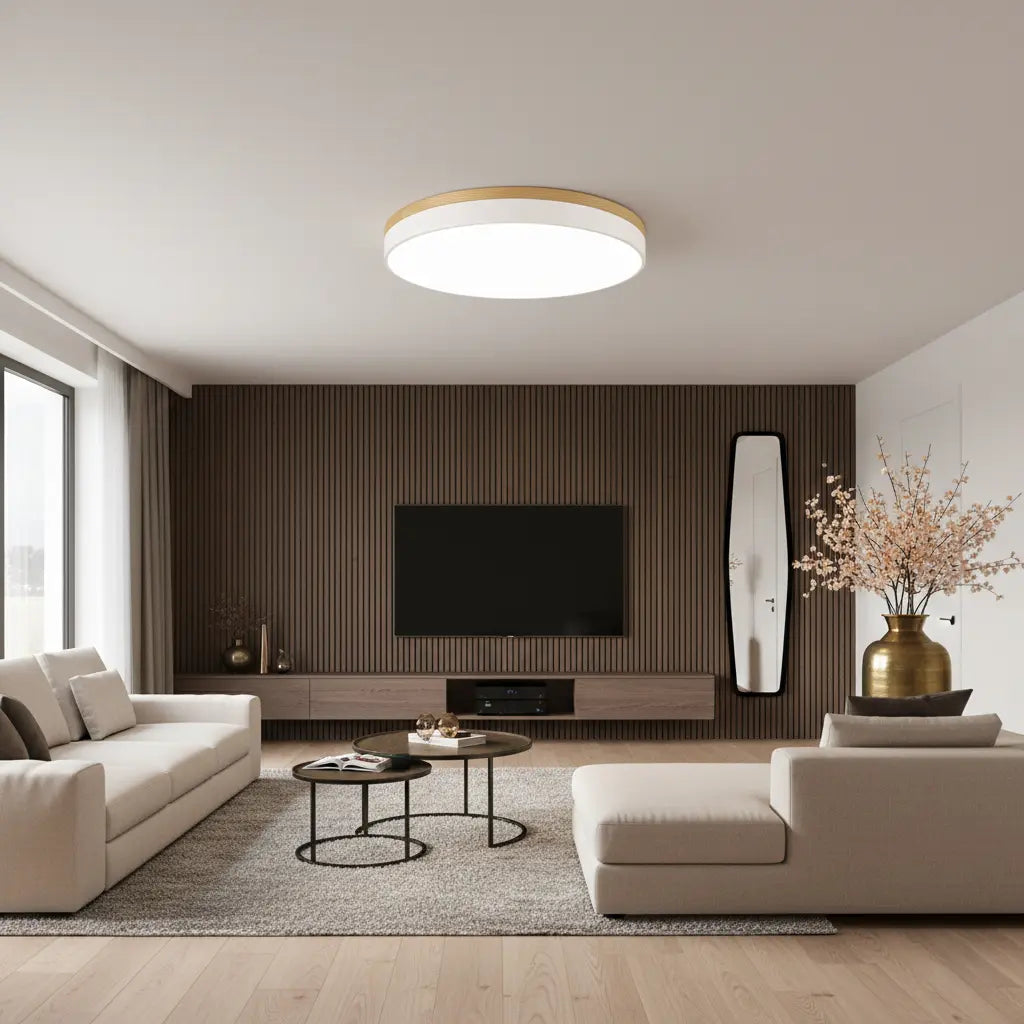 Circular LED ceiling light with a wood-effect rim and smooth light panel