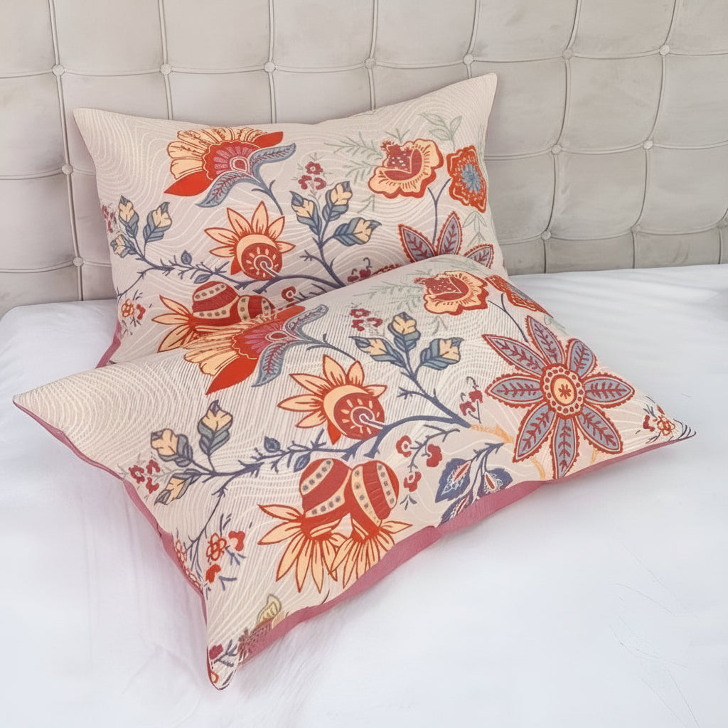 Beige floral boho pillowcases with colourful botanical pattern