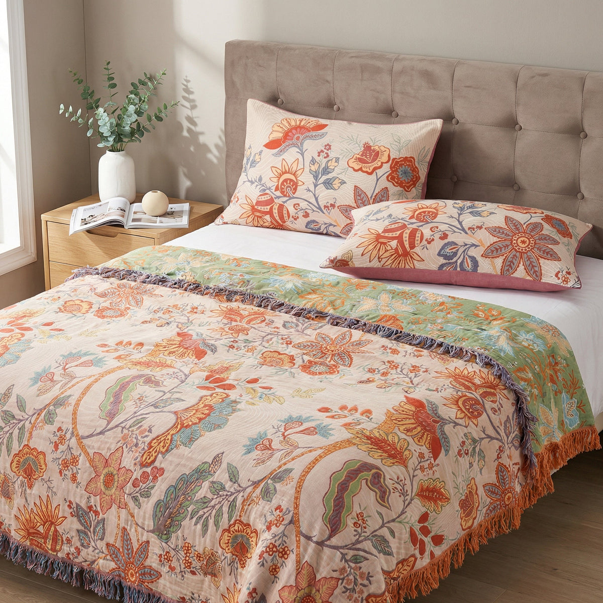 Beige floral boho pillowcases with colourful botanical pattern