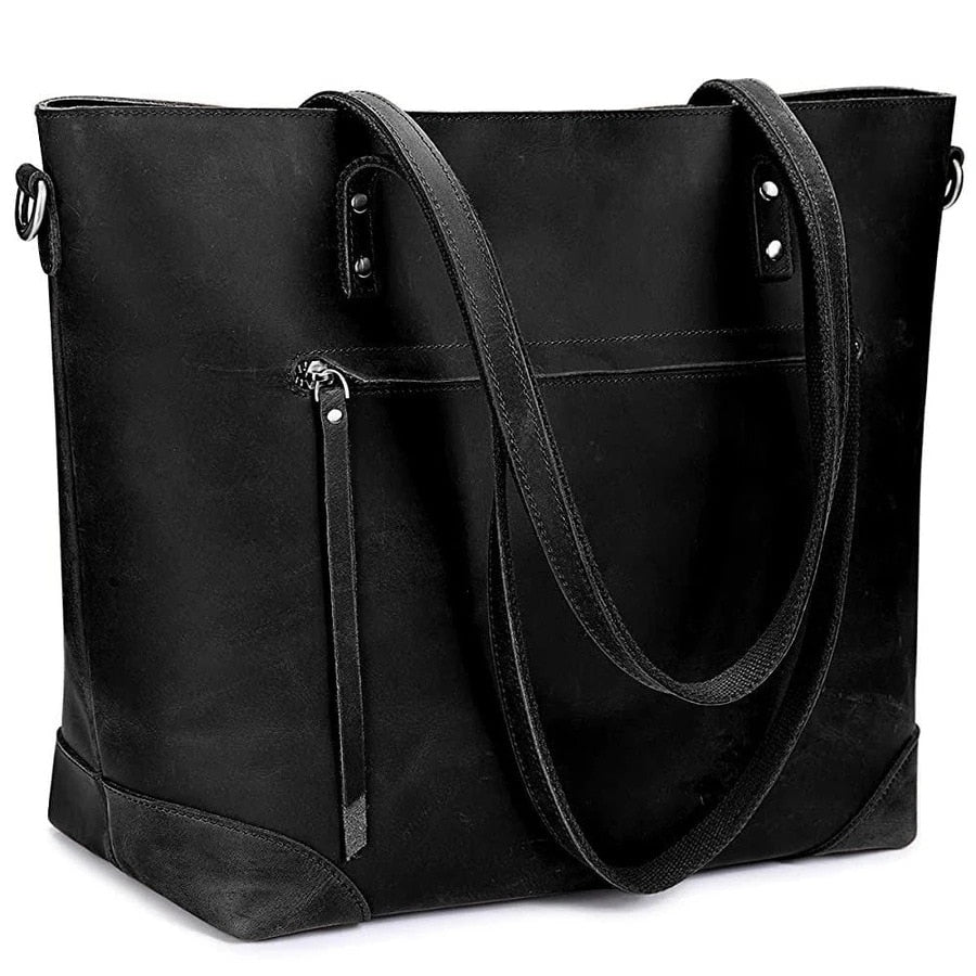 Vintage faux leather tote bag with long handles and front zipped pocket