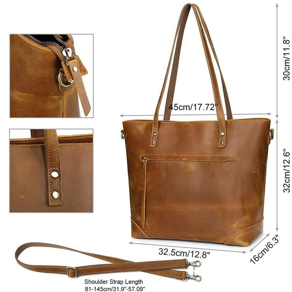 Vintage faux leather tote bag with long handles and front zipped pocket