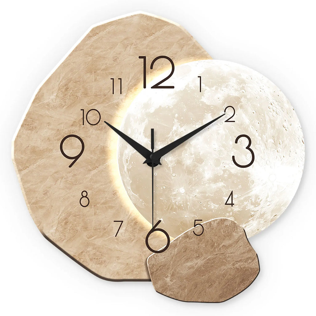 Beige moon design wall clock with wood-effect frame and black numerals
