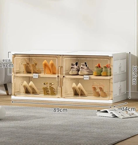 Two-tier stackable shoe storage cabinet with transparent front doors