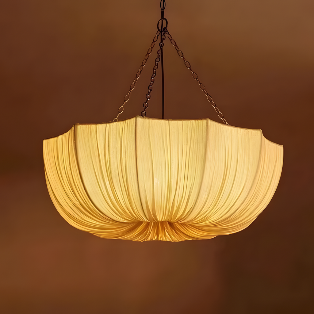 Cream pleated pendant light with dark chain suspension