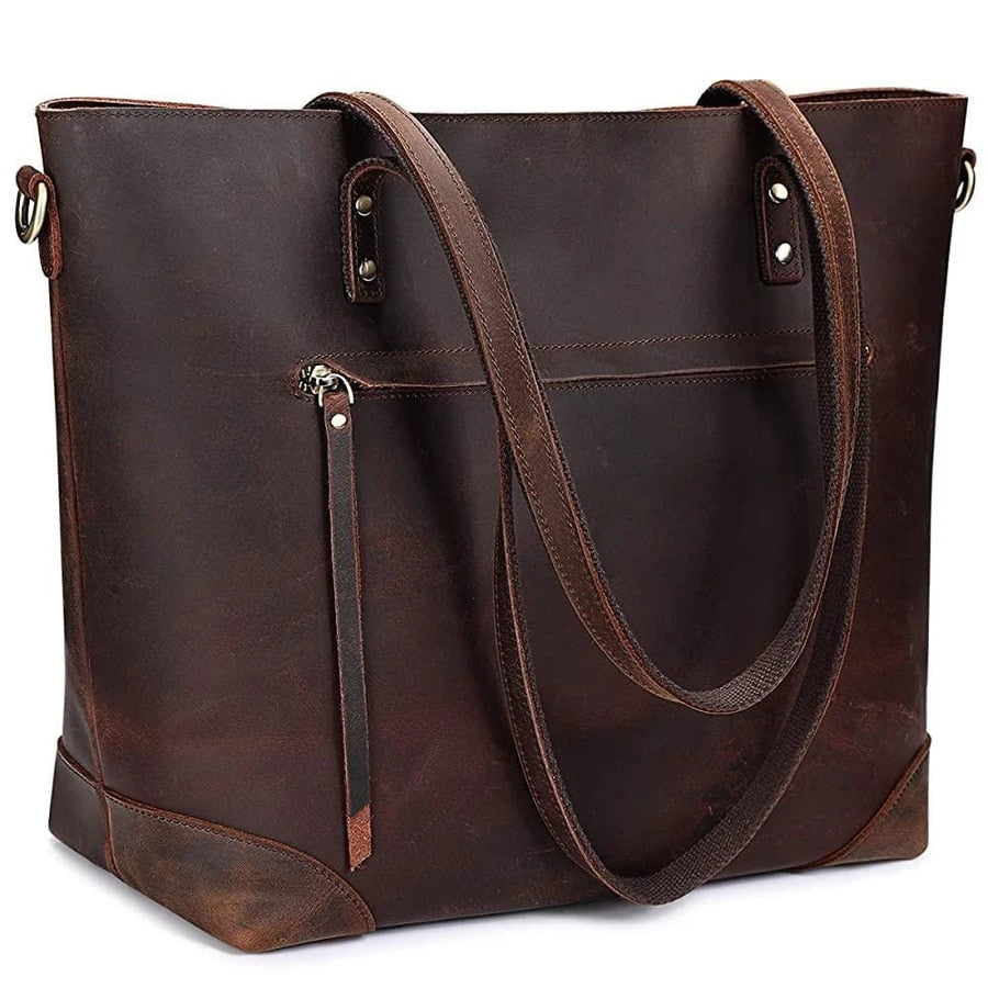 Vintage faux leather tote bag with long handles and front zipped pocket