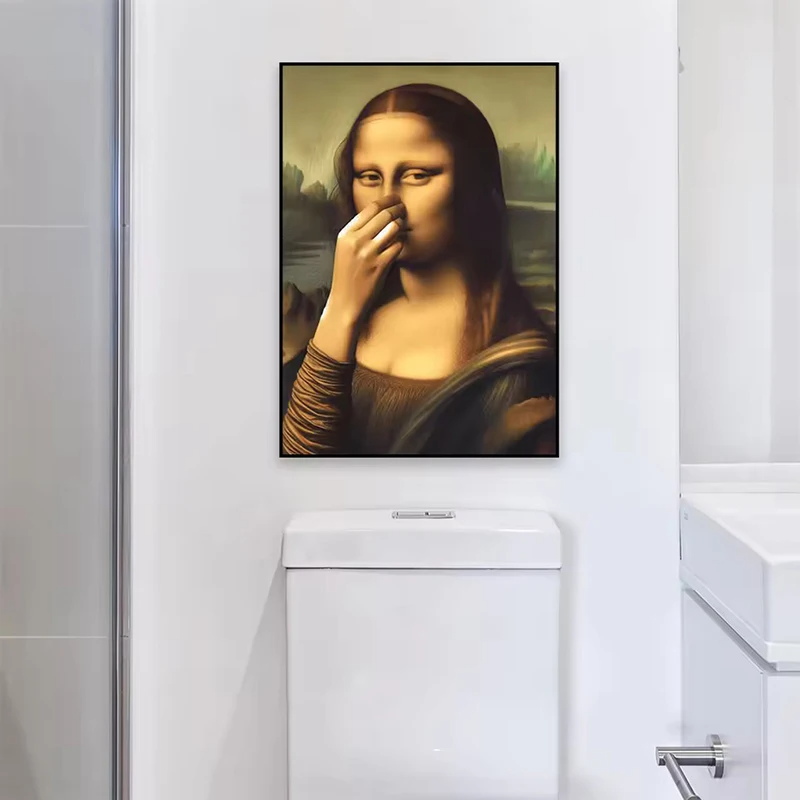 Framed humorous Mona Lisa portrait wall art with a black textured frame