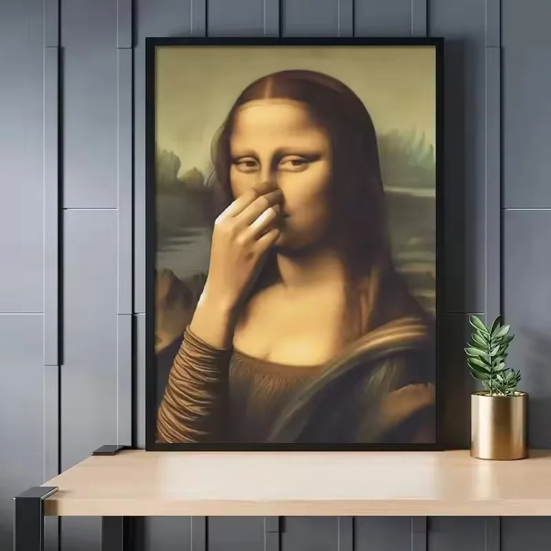 Framed humorous Mona Lisa portrait wall art with a black textured frame