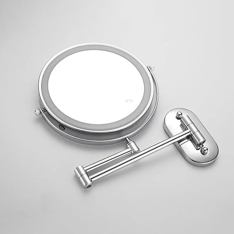 Round wall mounted LED magnifying mirror with adjustable arm