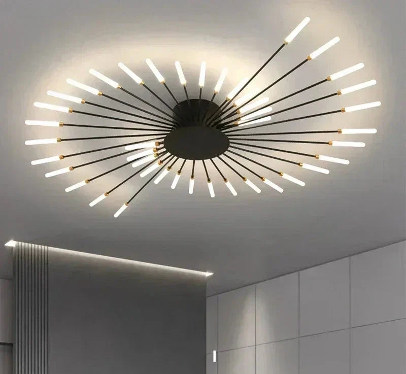Radial LED ceiling light with sunburst arms and white light bars