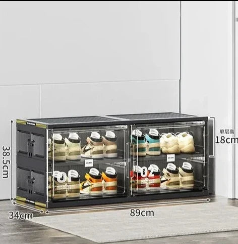 Two-tier stackable shoe storage cabinet with transparent front doors