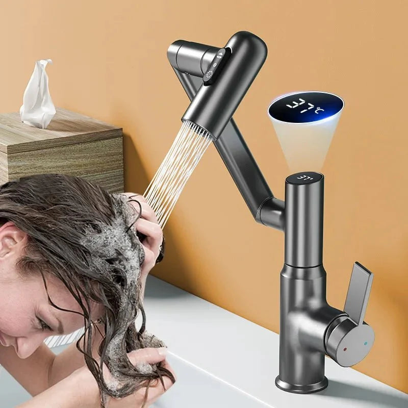 360° basin mixer tap with LED temperature display and side lever