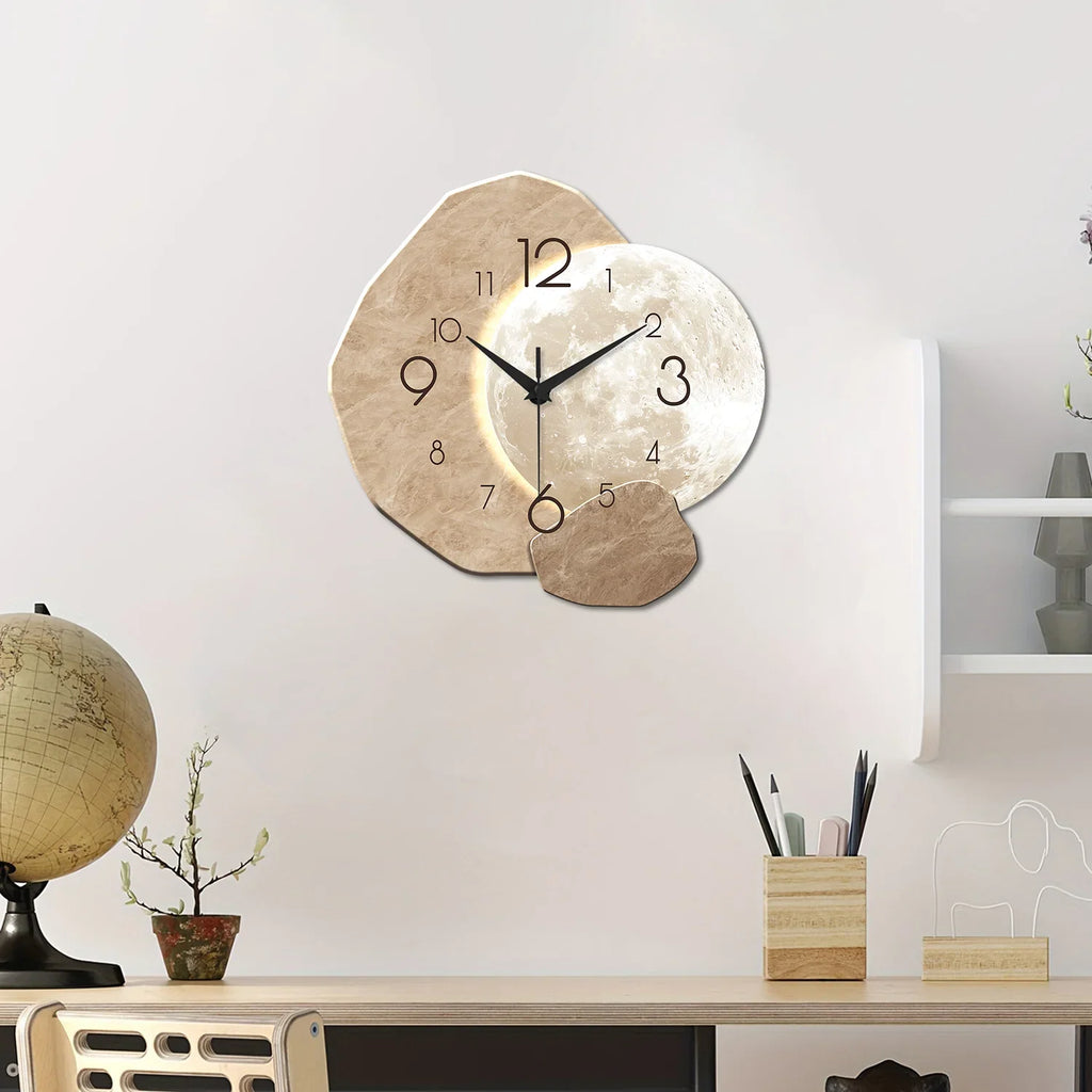 Beige moon design wall clock with wood-effect frame and black numerals
