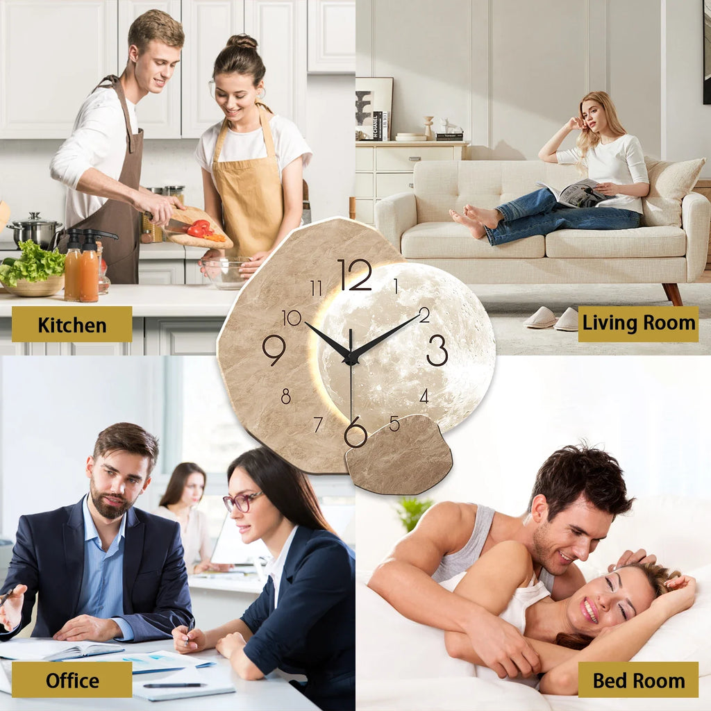 Beige moon design wall clock with wood-effect frame and black numerals