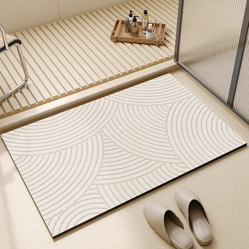 Rectangular neutral bath mat with textured surface and bordered edge