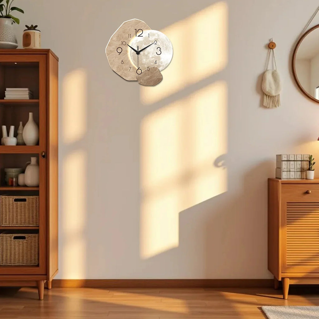 Beige moon design wall clock with wood-effect frame and black numerals