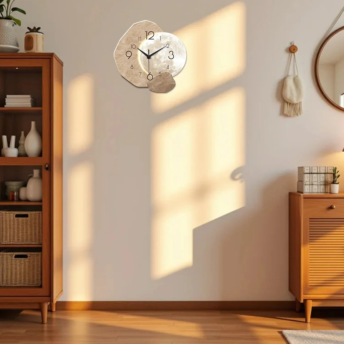 Beige moon design wall clock with wood-effect frame and black numerals