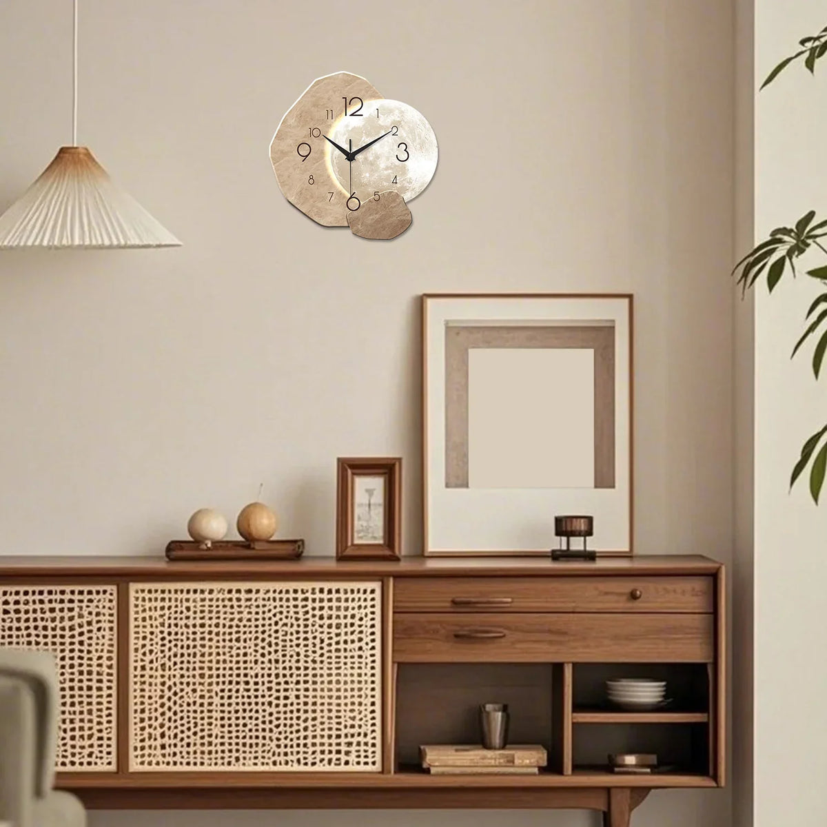 Beige moon design wall clock with wood-effect frame and black numerals