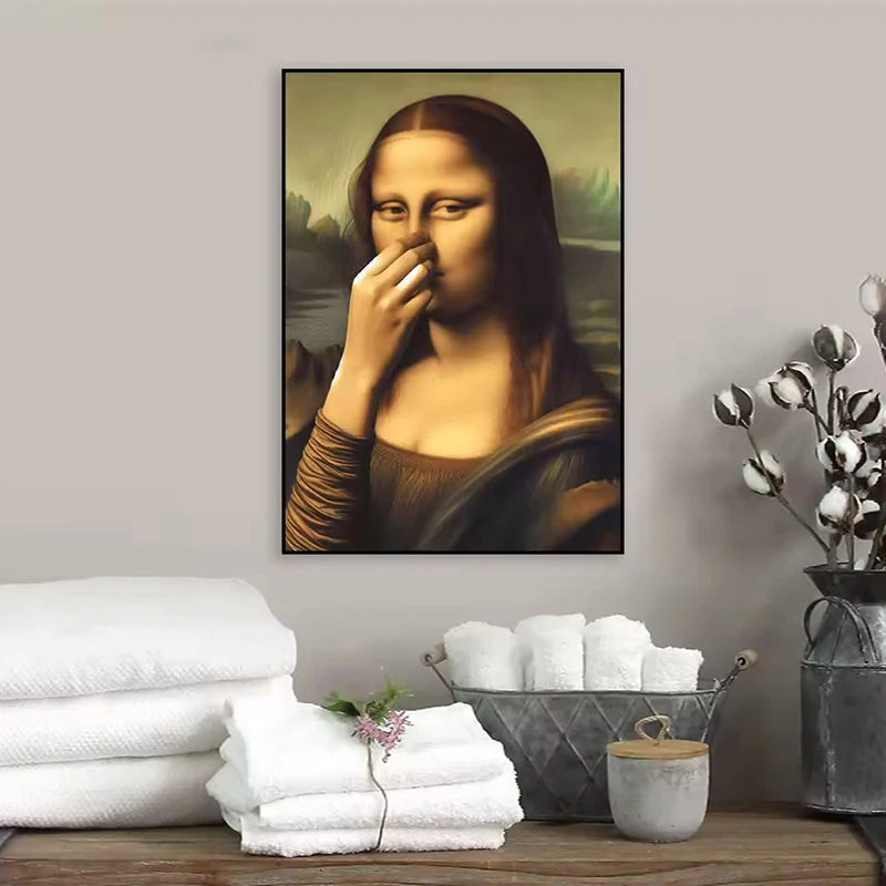 Framed humorous Mona Lisa portrait wall art with a black textured frame